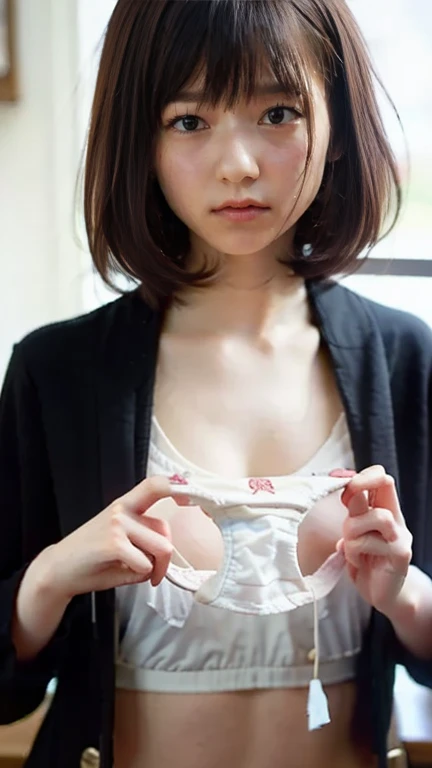  very well detailed ,   RAW color photo with 8K resolution   ,(  upper body, face:1.3)美しいface,  Viewer,   school uniform blazer   , In the classroom 。, focus on panties ,  Shorts Presentation ,(( dirty panties separating the bangs from the center )),  simp...