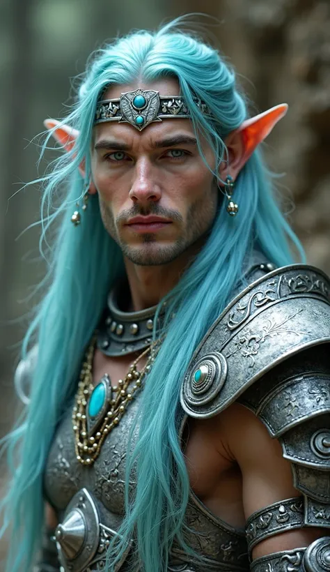 see Full male face and lanky body builder view, elvish fae male, long blue hair wind blown, Irish cream skin tone, non-symmetrical balanced Native American mythology inspired outfit, DnD shaman themed carved sculpted sexy revealing armor outfit silver turq...