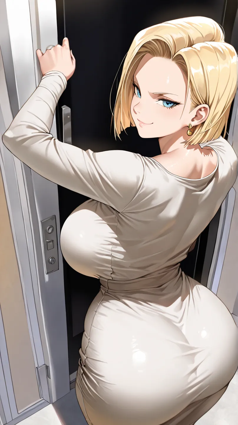 (( best quality )), ((Masterpiece)), (  Details), android 18, blonde  hair,  short hair, dongtan dress , Clothes that fit the body , looking at viewer, 1girl, solo, hot sexy woman with huge boobs and thighs , Belly fold , Fat body, entrance, Wearing earrin...