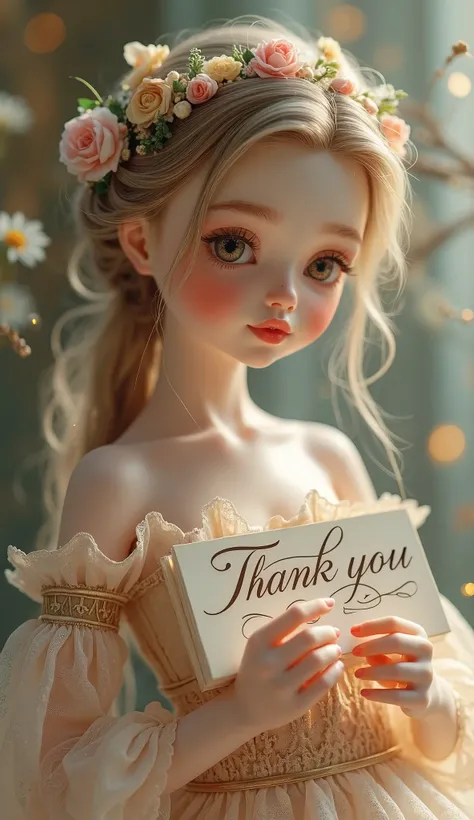 Pretty  looking like a doll holding a thank you inscription,