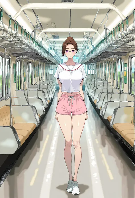 masterpiece, best quality, amazing quality, very aesthetic, absurdres, newest, scenery, 1girl, (solo:1.1), normal breasts,brown hair, mature female, purple eyes, short hair, single hair bun, (thick eyebrows:0.7), Japan School Uniform with Shorts, pink shor...