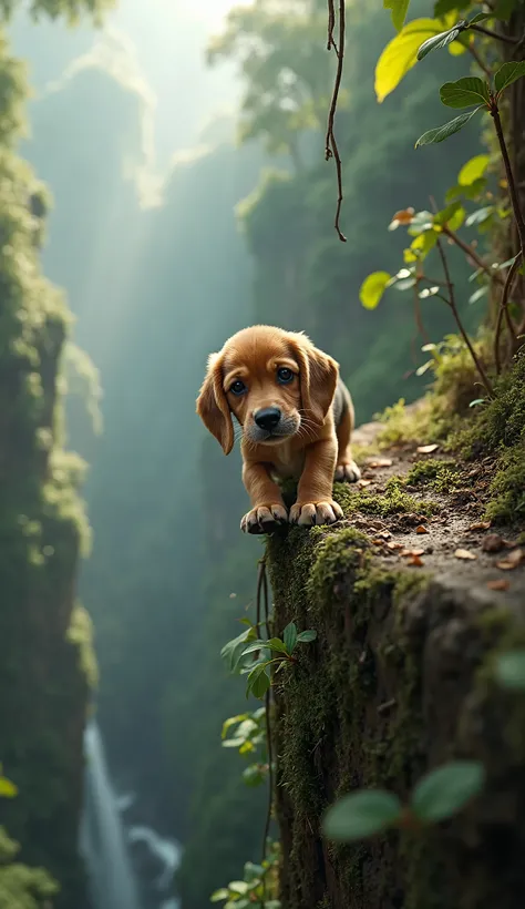 POV shot from above: A tiny, trembling beagle puppy hangs onto the edge of a moss-covered cliff deep in a dense jungle. Its long ears droop down, brushing against the vines dangling from the rock face. Its round, brown eyes stare directly forward, filled w...