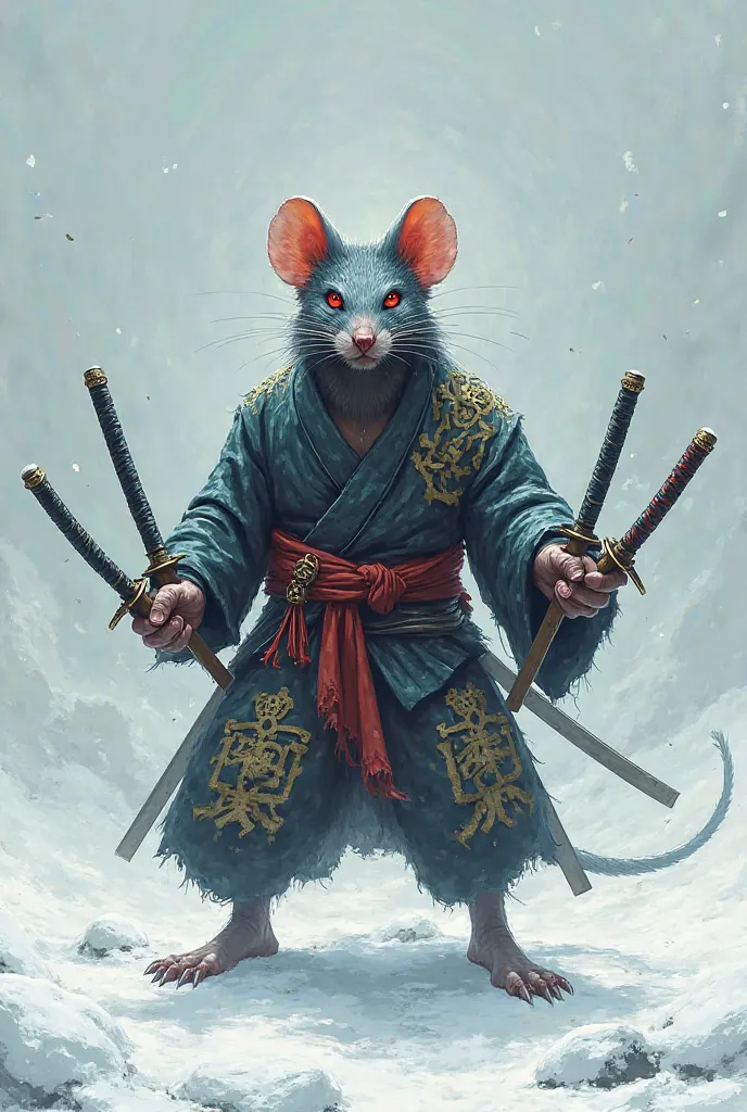 A strong human rat holding 4 katanas with its 4 arms and wearing a kimono and with red eyes in the middle of the North Pole