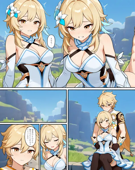 A small town by the river, Lumine dressed in blonde hair golden eyes Genshin Impact and boy Aether blonde hair having sex ,mountains in the background, White flowers comic book scenes