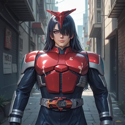 Back alley, Japanese beautiful sexy young host with a cool and handsome face, 18 years old, handsome host, shiny Kamen Rider suit, 18 years old, toned muscles, cool handsome face, long hair, long bangs, long hair covering one eye, Kamen Rider's face gets s...