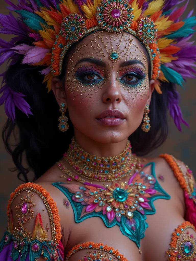 Realistic HD image of the beautiful BILARINE CARNIVAL PRINCESS with jewel embellishments, fantastic and realistic, intricate details, TOPAZ, RUBIES, QUARTZ, neck, arms, ankles, All very intricate, Originality, full body image, VOLUPTUOUS FLIRTY AND MODERN....