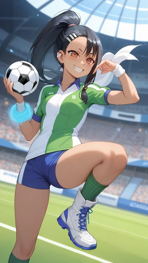 Hayase Nagatoro wearing a full Palmeiras, with the iconic green jersey and details in white, the club shield on her chest and the green numbers on the back. She is also wearing sports shorts and green socks, wearing white boots. Her black hair is tied in a...