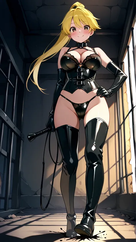 solo,masterpiece, best quality  ,,,BREAK, zzYellow, brown eyes, blonde hair, long hair, ponytail, bangs, black leather bra, corset, thong, grove,thigh high boots,(dominatrix),blush,smile,prison,((tall)),large breasts,(stomping on me),hand on hip