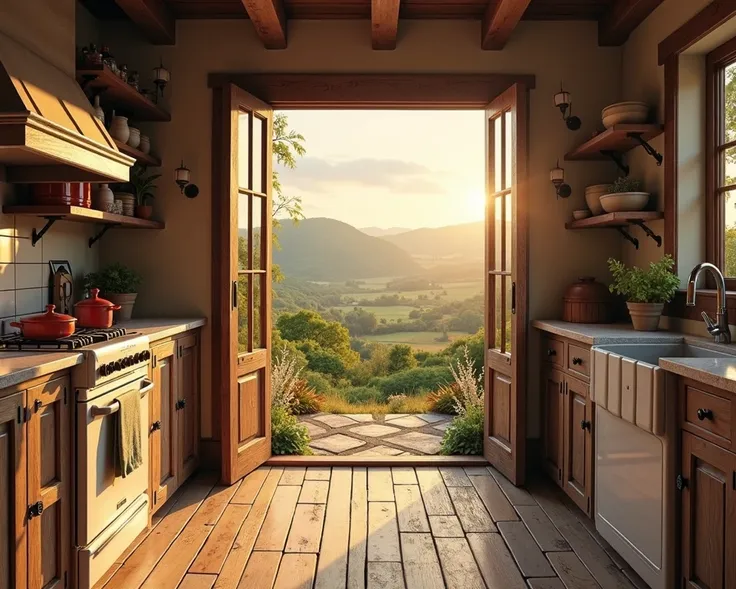 Create a kitchen where the view from the open door is the countryside in the late afternoon, a slightly larger kitchen