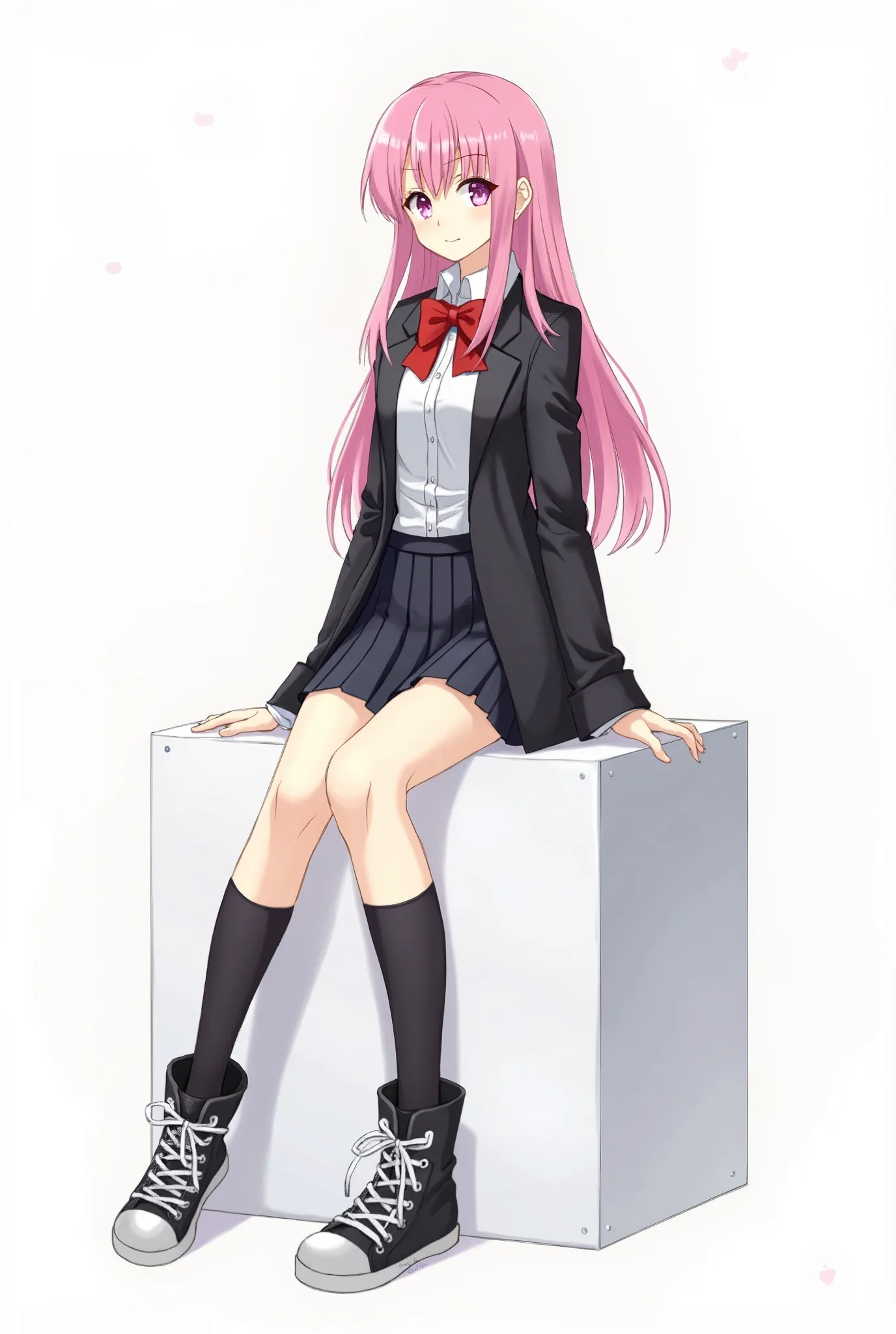 This picture depicts a female character with a pink high ponytail，She is wearing a dark school uniform，Includes a black blazer、White shirt and red bow tie。Her bottoms are a short skirt，Paired with black over-the-knee socks and high-top white canvas shoes。S...