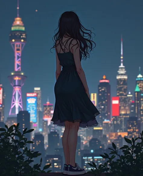 Illustration of a midiesize girl in a black dress with lace up and sneakers , long wavy hair , Looking at the city lights smoking a cigarette