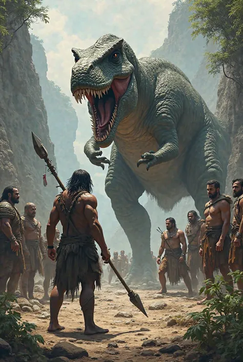 Characters, a stone age man, holding a stone spear, face to face with a dinosaur, the character's face is a shadow and a group of 9 warriors, everyone is staring at the dinosaur.