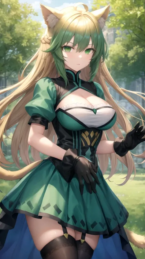 Masterpieces, Best Quality, girl, looking at viewer, atalanta, animal ears, blonde hair, cat ears, cat girl, , (green eyes:1.5), green hair, hair between eyes, long hair, multicolored hair, tail, large breasts, black gloves, gloves, skirt, dress, green dre...