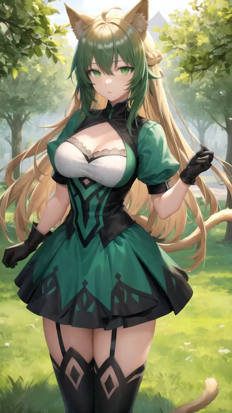 Masterpieces, Best Quality, girl, looking at viewer, atalanta, animal ears, blonde hair, cat ears, cat girl, , (green eyes:1.5), green hair, hair between eyes, long hair, multicolored hair, tail, large breasts, black gloves, gloves, skirt, dress, green dre...