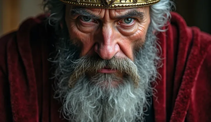 "A close-up portrait of an aging yet powerful king with a thick gray beard and piercing eyes. He wears a heavy golden crown and a red velvet royal robe. His face is stern and authoritative, his lips pressed into a hard line as if making a difficult decisio...