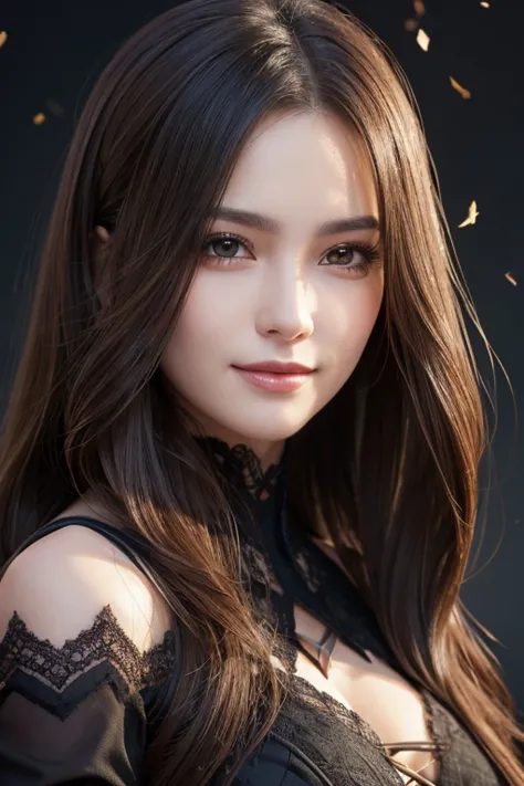  Absurd , masterpiece,  top quality ,  NFSDW ,  one girl ,  mature woman, ( Sharp Focus), The villain's smile , medium breasts, ( long hair with a black background), ( gray eyes), ( detail eyes),  gothic lace costume with black background, black and Red th...