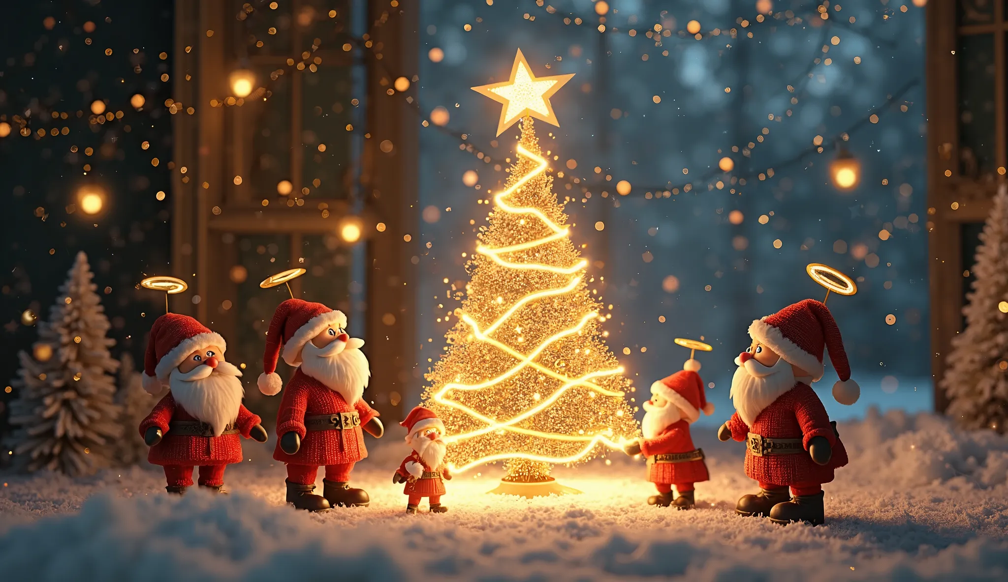 Golden stars of different sizes and halos form a beige Christmas tree, The top stars rise to the sky. Simple and beautiful lighting like neon lights, ，A group of little Santa looks at the illuminated Christmas tree. The bright snowy background highlights t...