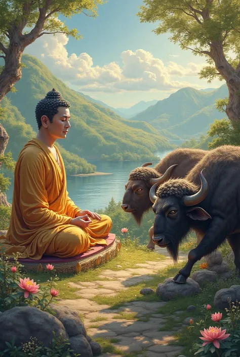 Lord buddha helping buffalo lives by negotiating wia King