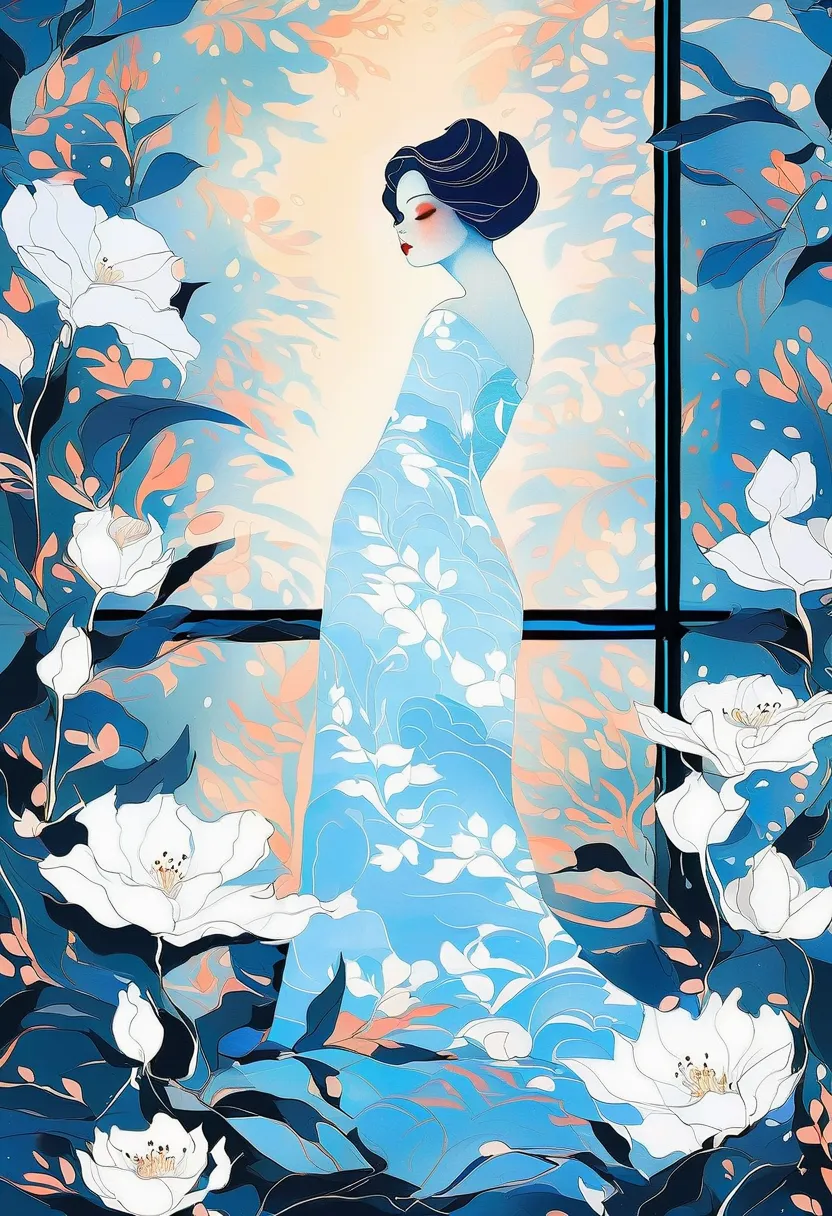  elegant and sensual illustration movie poster art  ,   Retro and Vintage   , silky flowers around the body ,   uses chiaroscuro technique for illustrations Light from Mattepaint's back window  , Hannah Dale, By Harumi Hironaka, Super soft color ,   vibran...