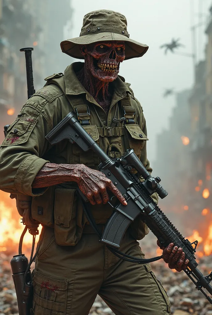 Zombie at war wearing a vest, hat and a rifle