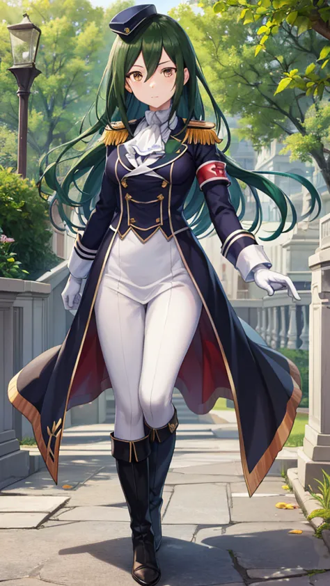 Masterpieces, Best Quality, girl, looking at viewer, crusch karsten, long hair, hair between eyes, green hair, (brown eyes:1.4), gloves, long sleeves, hat, jacket, boots, frills, white gloves, black footwear, uniform, military, ascot, military uniform, arm...