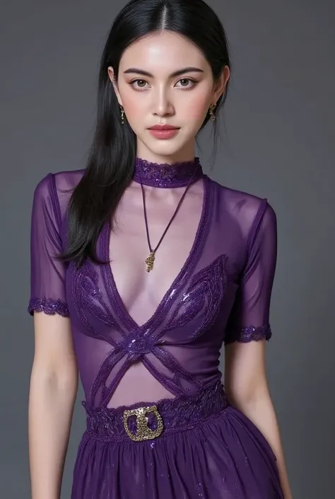 A striking young thai girl, stands with an air of confidence and elegance. Her slender figure is accentuated by a meticulously designed bodysuit in deep, rich purple, the fabric hugging her curves perfectly while flowing naturally down to her bare shoulder...