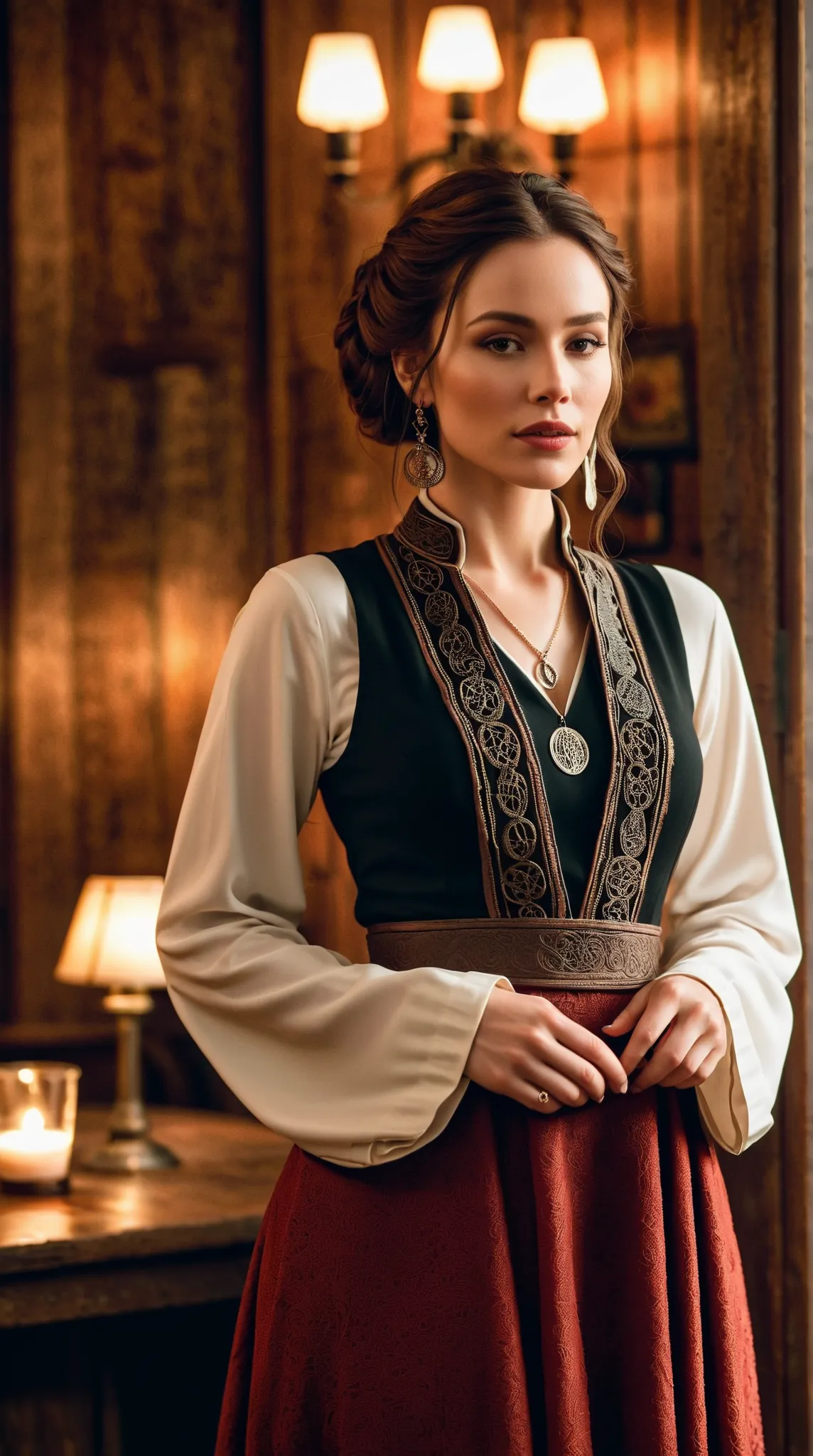 A singer in a cozy saloon, dressed in modest ethnic Celtic attire. The outfit is elegant yet simple, with a high-neck design that covers the chest completely, reflecting traditional Celtic style with intricate details. The soft lighting highlights her face...