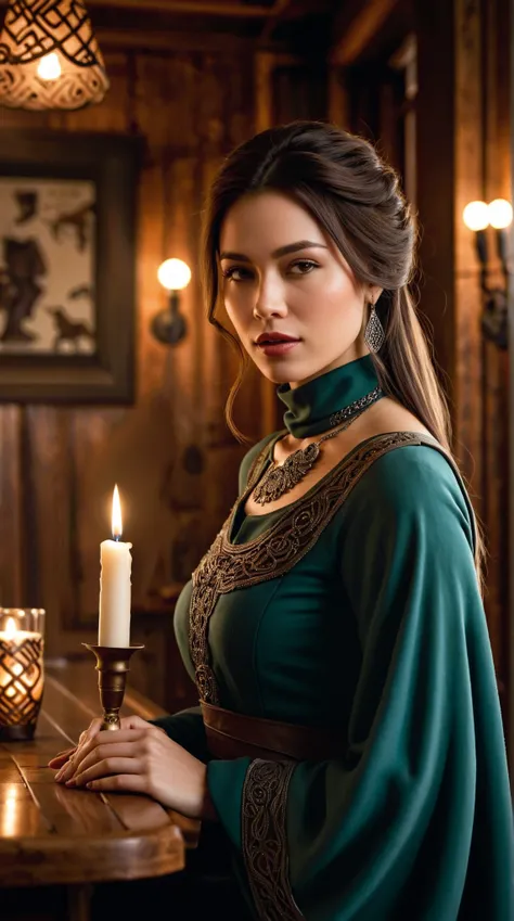 A singer in a cozy saloon, dressed in modest ethnic Celtic attire. The outfit is elegant yet simple, with a high-neck design that covers the chest completely, reflecting traditional Celtic style with intricate details. The soft lighting highlights her face...