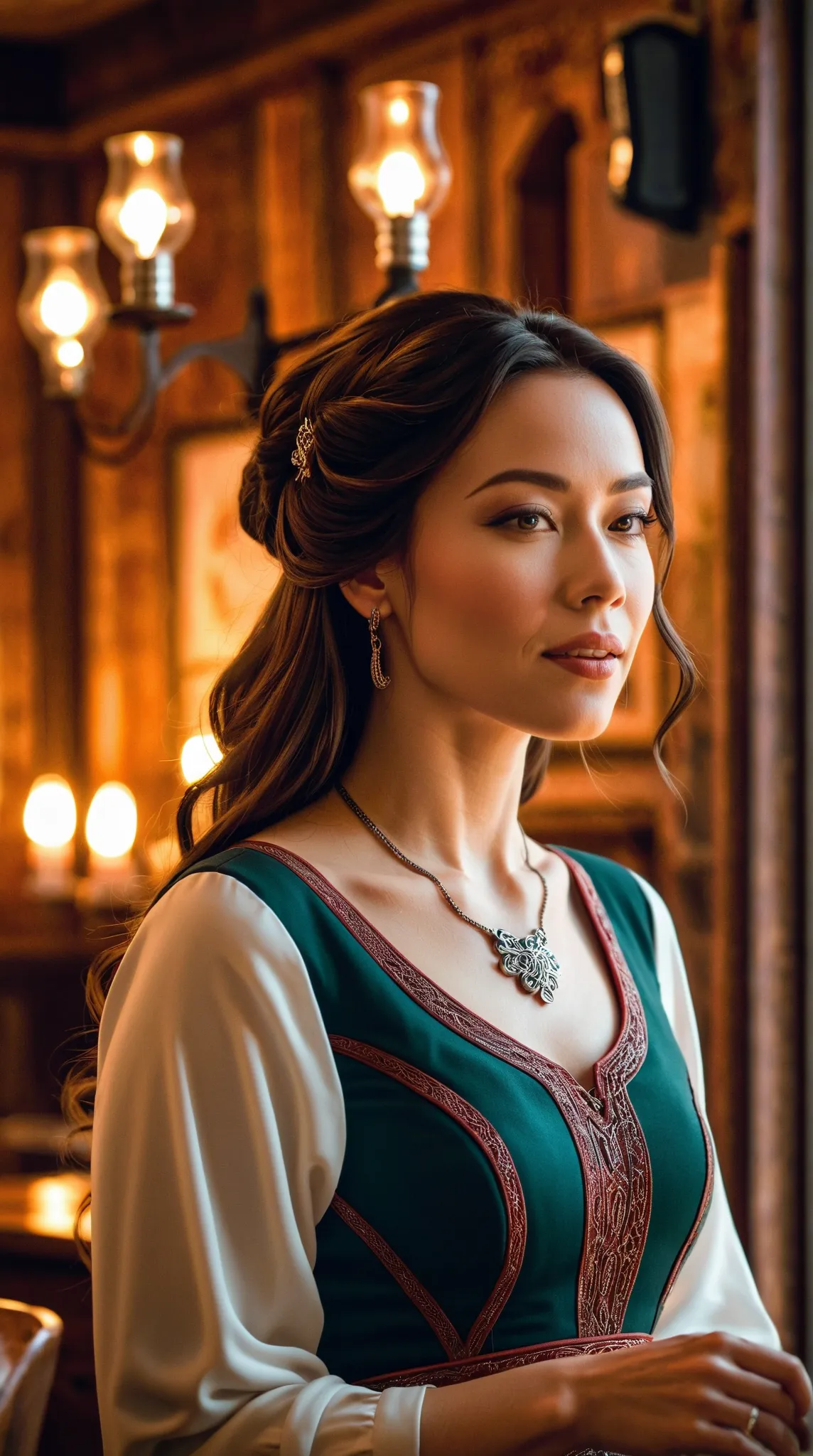 A singer in a cozy saloon, dressed in modest ethnic Celtic attire. The outfit is elegant yet simple, with a high-neck design that covers the chest completely, reflecting traditional Celtic style with intricate details. The soft lighting highlights her face...