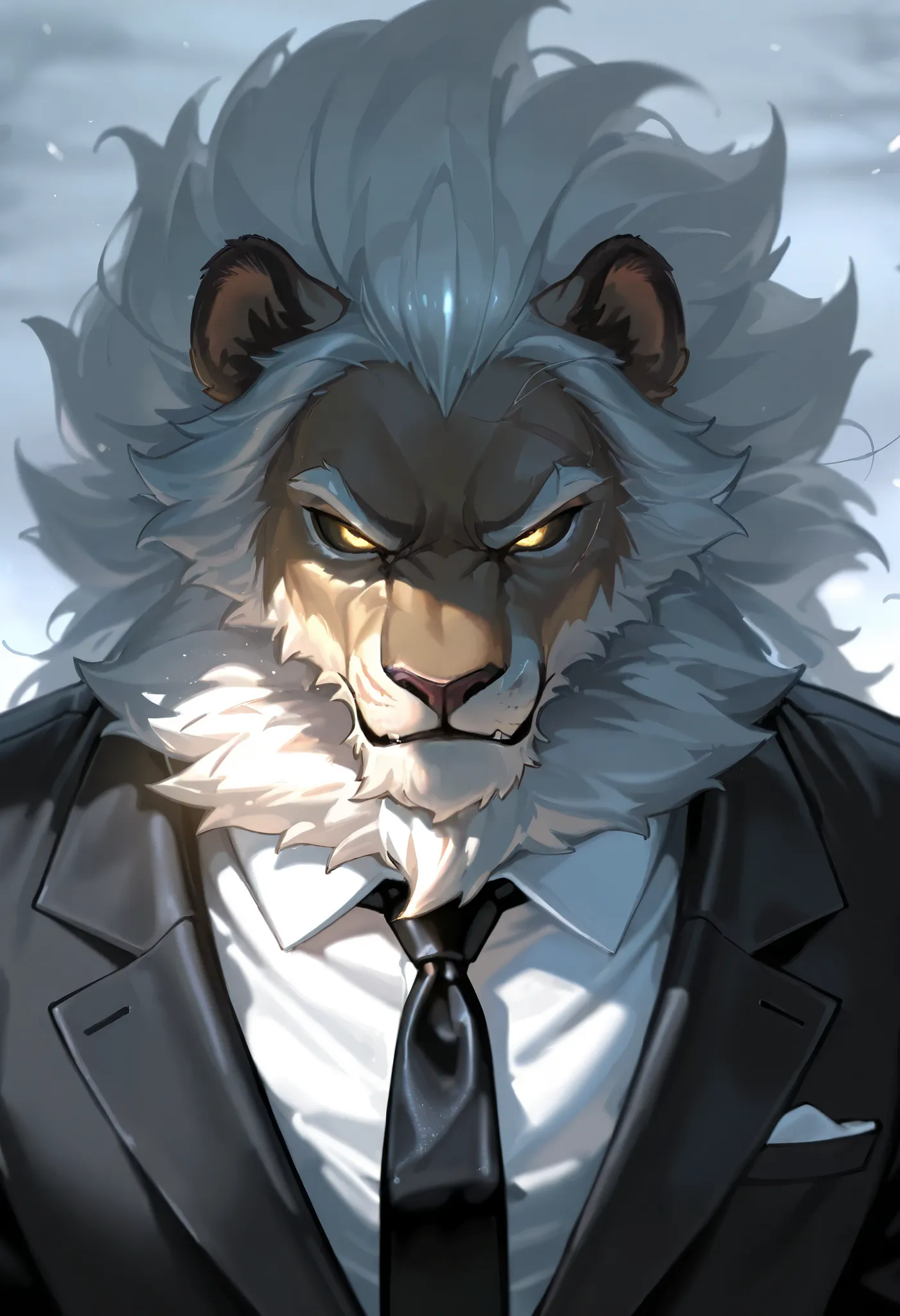 Score_9, Score_8_up, Score_7_up, Score_6_up, masterpiece, portrait, upperbody, 1male, anthro male, Anthro_lion, solo, fluffy mane, taller frame, cold, villain posture, serious expression, wearing a black formal suit, long tie, dark scenario, straight posin...