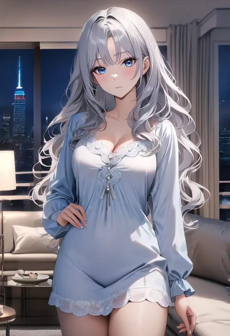 op quality, masterpiece, high resolution, 8k, (1 girl ), Alone, sexy, (cowboy shot), (((An expressionless married woman ))), Beautiful breasts, sexy nighty, (gorgeous American living room at night), milf, (((silver hair semi-long wavy hair))), ((( casual f...