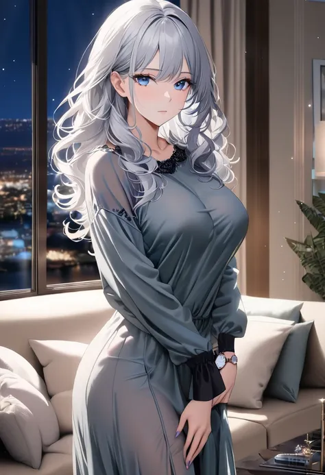 op quality, masterpiece, high resolution, 8k, (1 girl ), Alone, sexy, (cowboy shot), (((An expressionless married woman ))), Beautiful breasts, sexy nighty, (gorgeous American living room at night), milf, (((silver hair semi-long wavy hair))), ((( casual f...