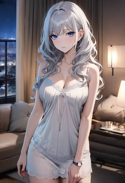 op quality, masterpiece, high resolution, 8k, (1 girl ), Alone, sexy, (cowboy shot), (((An expressionless married woman ))), Beautiful breasts, sexy nighty, (gorgeous American living room at night), milf, (((silver hair semi-long wavy hair))), ((( casual f...