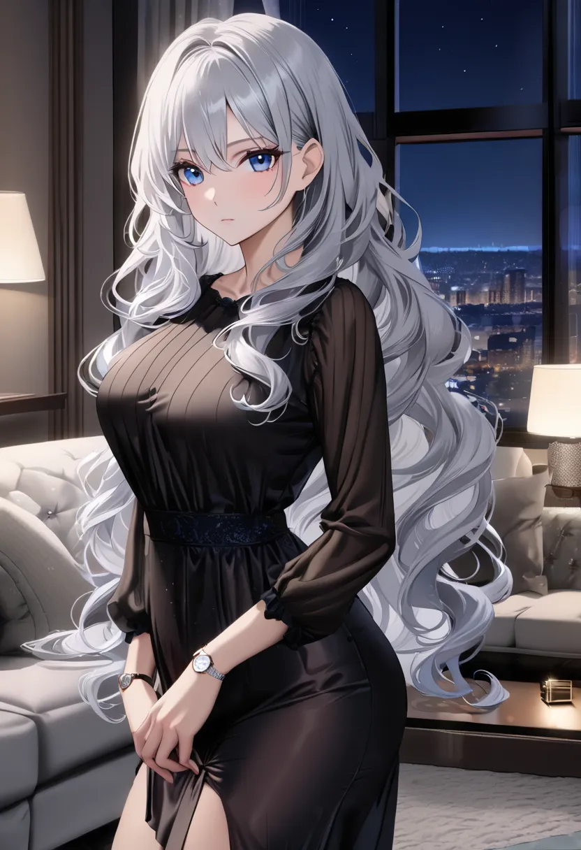 op quality, masterpiece, high resolution, 8k, (1 girl ), Alone, sexy, (cowboy shot), (((An expressionless married woman ))), Beautiful breasts, sexy nighty, (gorgeous American living room at night), milf, (((silver hair semi-long wavy hair))), ((( casual f...