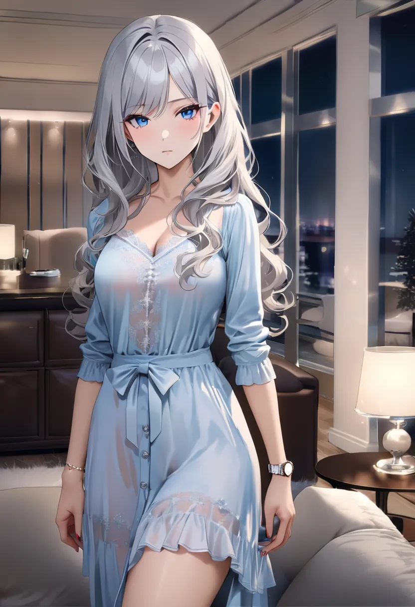 op quality, masterpiece, high resolution, 8k, (1 girl ), Alone, sexy, (cowboy shot), (((An expressionless married woman ))), Beautiful breasts, sexy nighty, (gorgeous American living room at night), milf, (((silver hair semi-long wavy hair))), ((( casual f...