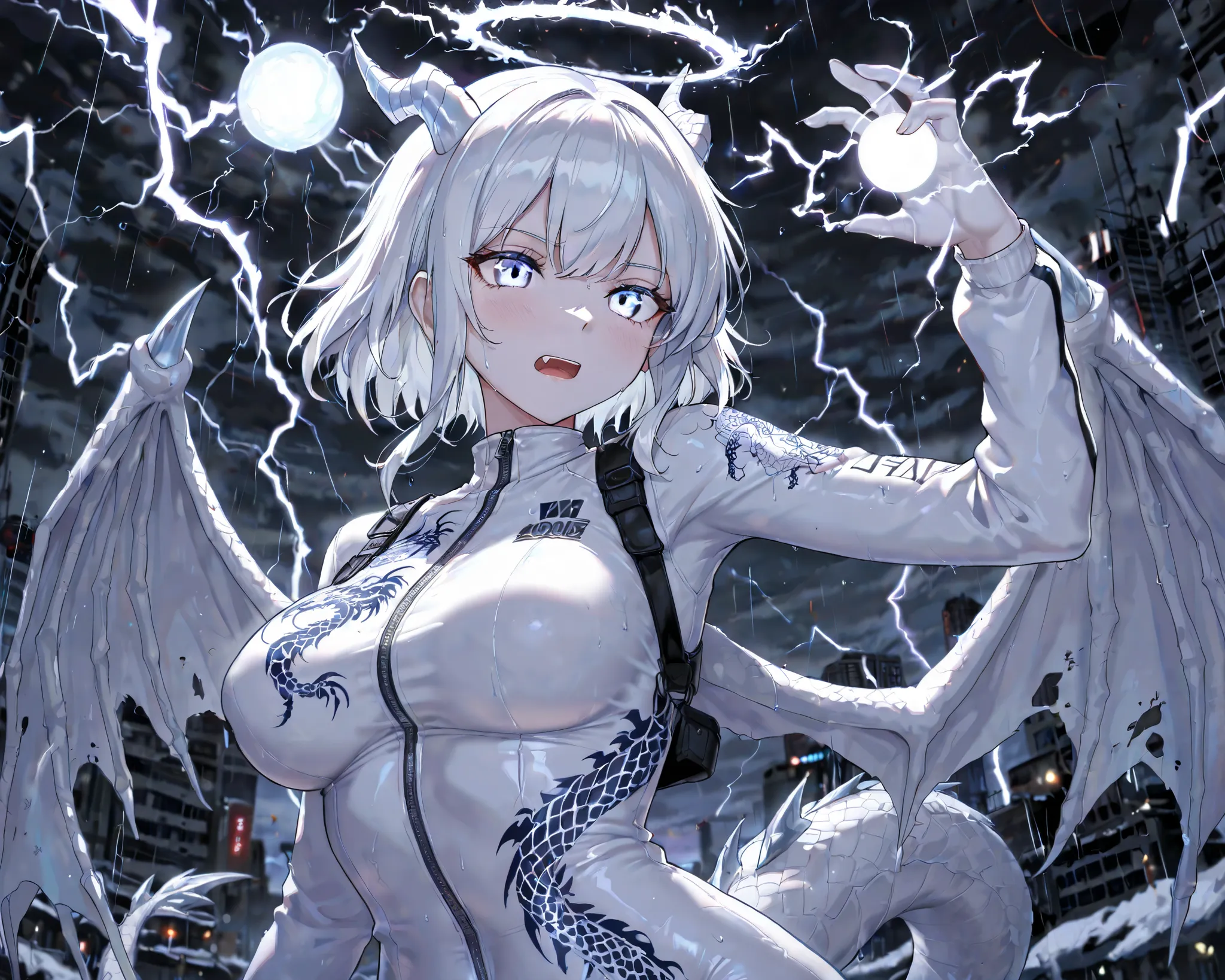 ((solo)), (dragon install:1.2), arm up, hand on white orb, Beautiful woman with dragon print tattoos all over the body, albino white hair, short hair, shaggy hair, sidelocks, fang, halo, white breath, multicolored eyes, shining eyes, large breasts, zipper,...