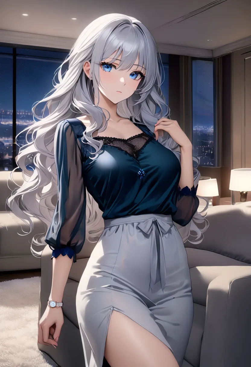 op quality, masterpiece, high resolution, 8k, (1 girl ), Alone, sexy, (cowboy shot), (((An expressionless married woman ))), Beautiful breasts, sexy nighty, (gorgeous American living room at night), milf, (((silver hair semi-long wavy hair))), ((( casual f...