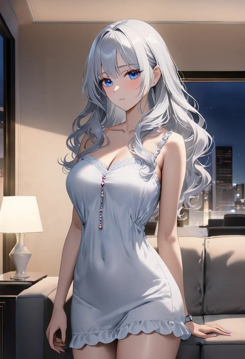 op quality, masterpiece, high resolution, 8k, (1 girl ), Alone, sexy, (cowboy shot), (((An expressionless married woman ))), Beautiful breasts, sexy nighty, (gorgeous American living room at night), milf, (((silver hair semi-long wavy hair))), ((( casual f...