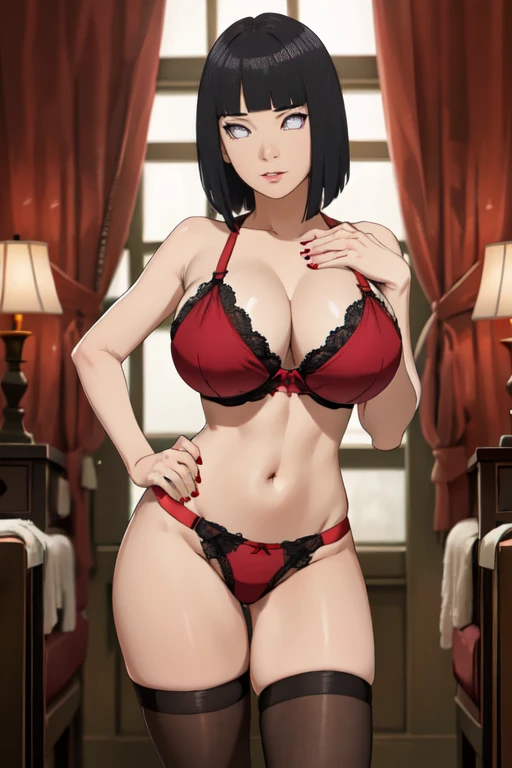 masterpiece, absurdres, hinata\(boruto\), 1girl, solo,mature female, detailed red bra lenjerie, detailed line red thong lenjerie), perfect composition, detailed lips, gigantic huge breast, huge nipple, beautiful face, body propotion, blush, (pink lips), sh...