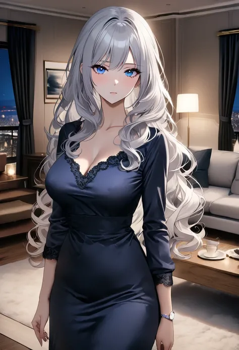 op quality, masterpiece, high resolution, 8k, (1 girl ), Alone, sexy, (cowboy shot), (((An expressionless married woman ))), Beautiful breasts, sexy nighty, (gorgeous American living room at night), milf, (((silver hair semi-long wavy hair))), ((( casual f...