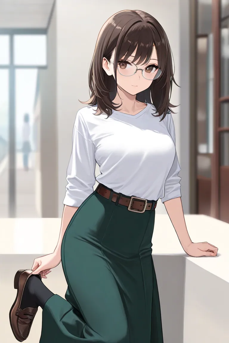 (High quality, 4K, Ultra-high resolution,High-definition illustrations,Masterpiece,extremely detailed,highres), 1girl,  young lady, tall height, slender body, medium breast, dark brown hair, straight medium hair, brown eyes, eye glasses, white shirt, green...