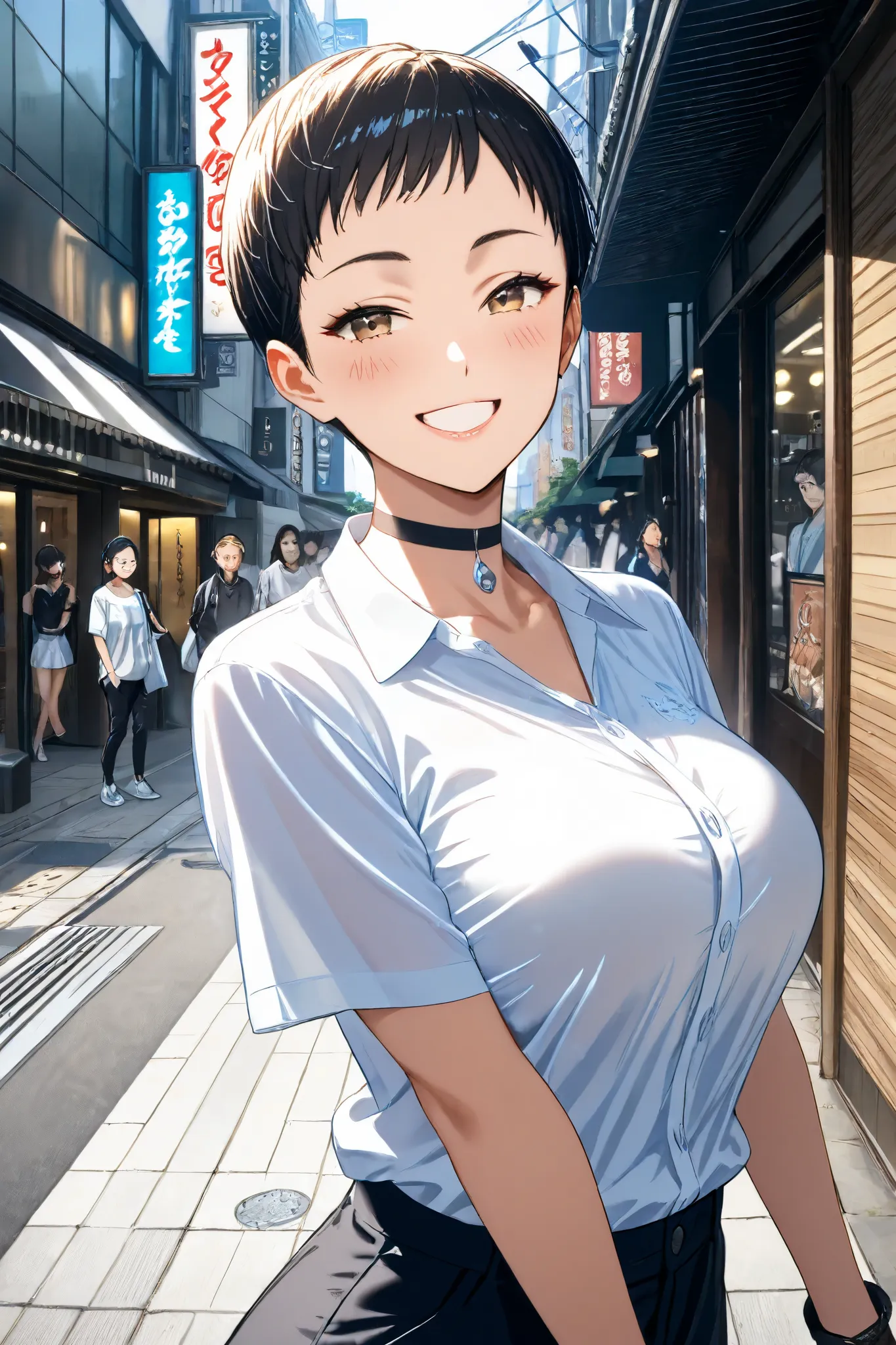 An eight-head-tall beautiful girl with a very short, black hairstyle that highlights her purity and neatness, looking sporty. She has an extremely charming smile and is laughing joyously. Located on Dogenzaka in Tokyo, she is dressed in a boyish style with...