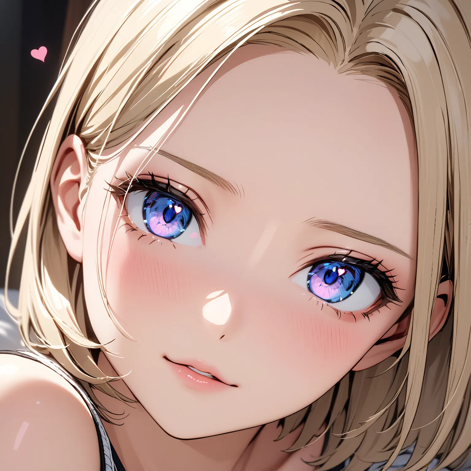 Eyes are hearts, blush:1.5,  with a horny face :1.5, (Android 18), masterpiece:1.5, masterpiece, highest quality, UHD, retina, masterpiece, accurate anatomy, super detailed, high quality, best quality, 8k