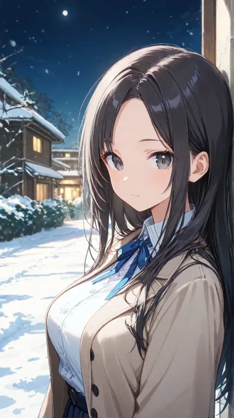 
masterpiece,large breasts, long hair, (black hair) , bangs, （1girl1.5）,  blue ribbon、（ 1.5）, 18 years old、breast focus、looking at viewer，Whole Head , outside、coat，snow scene，night