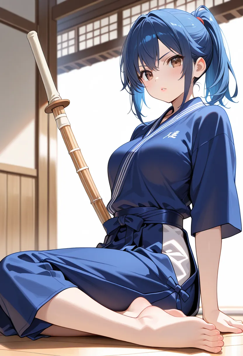 (masterpiece, best quality),source_anime,Japanese Kendo match. A girl wearing a kendo uniform,holds a one japanese bamboo sword(shinai).  serious expression. powerful action. BREAK navyblue hair,ponytail,brown eyes,fresh lips,bare foot,