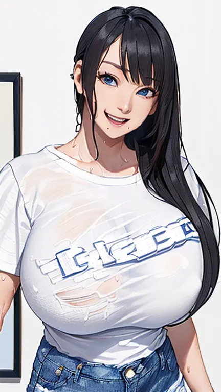 (( masterpiece)), (( TOP QUALITY)), ( very well detailedな), (( very well detailed)), 4K, (8k),  TOP QUALITY, (  black hair, long hair:1.3), (White T-shirt、jeans:1.6), beautiful,(smile)、 (( beautiful eyes)), (very big breasts:1.9),(sweat、Steamy、 upper body、...