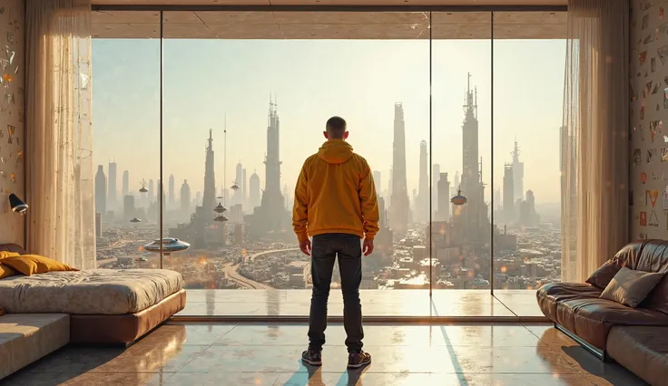 A hotel bedroom with floor to roof glass panel, a man wearing a yellow  jacket and black jeans bottom. He is facing forward. He is fair complexion. Location Martian metropolitan city. A hot sunny day 