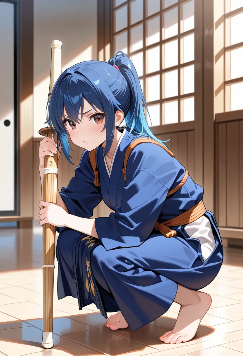 (masterpiece, best quality),source_anime,Japanese Kendo match. A girl wearing a kendo uniform,holds a one japanese bamboo sword(shinai).  serious expression. squatting down. BREAK navyblue hair,ponytail,brown eyes,fresh lips,bare foot,