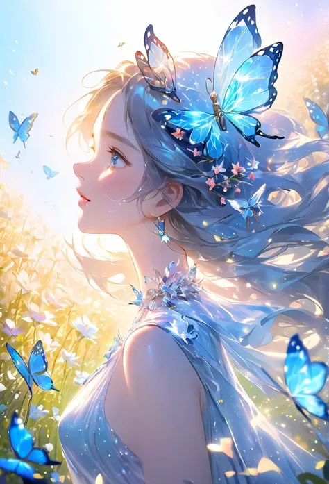 Masterpiece High Resolution Beautiful girl profile Transparent flowers approaching face with both hands Fantastic flower field Blue sky, Woman with star-shaped butterfly hair, surrounded by lights, One girl, Butterfly, Solo, Jewelry, Necklace, Dress, Profi...