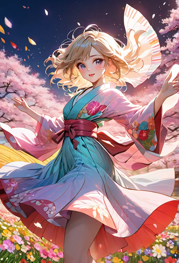 Anime - Super detailed, absolute resolution, a masterpiece. Beautiful woman dancing in a colorful pastel kimono. Flower field background. Wonderland world view.